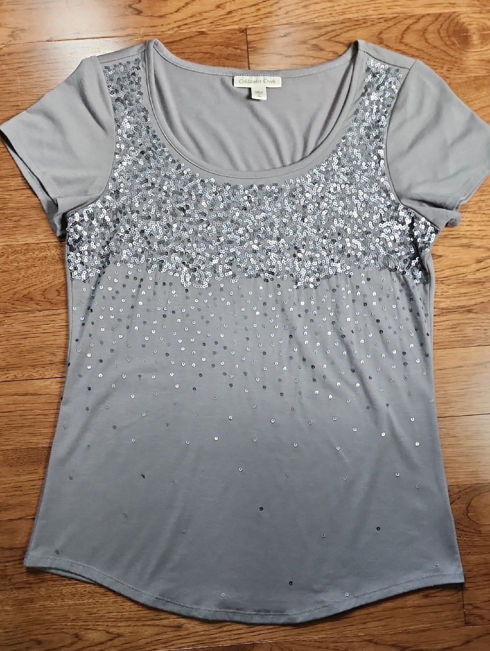 Vintage,Coldwater Creek Silver-Gray Short Sleeve Sequin Scoop Neck Top Size S